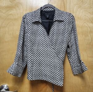 Anne Carson Women's Silk Wrap Top Size XL Black White Poet Sleeve